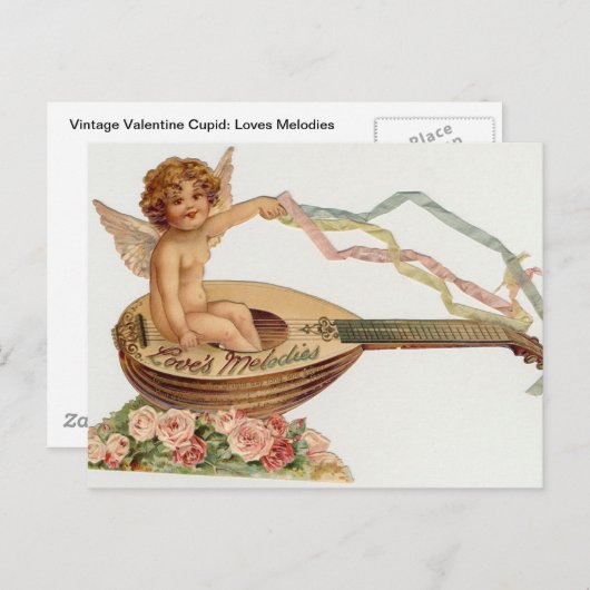 ヴィンテージのバレンタインのキューピッドはメロディーを愛します シーズンポストカード (正面/裏面)