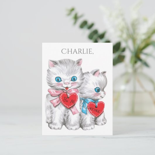 ヴィンテージのバレンタインの任意名前をカスタムするの郵便はがき シーズンポストカード (スタンド正面)