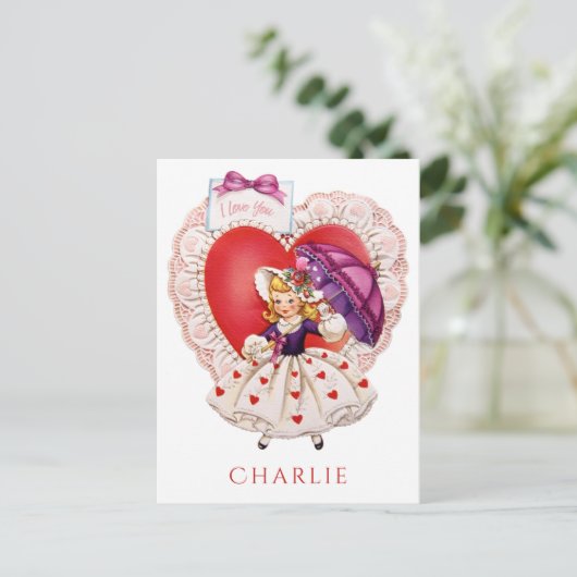 ヴィンテージのバレンタインの任意名前をカスタムするの郵便はがき シーズンポストカード (スタンド正面)