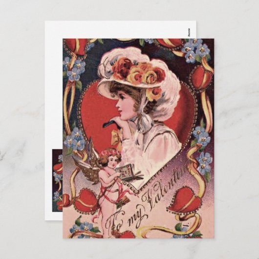 ヴィンテージのバレンタインの女性 シーズンポストカード (正面/裏面)