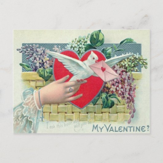 ヴィンテージのバレンタインカードを持つレトロの伝書鳩 シーズンポストカード (正面)