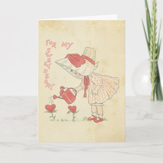 ヴィンテージのバレンタインデーのかわいい女の子の花のハート シーズンカード (正面)