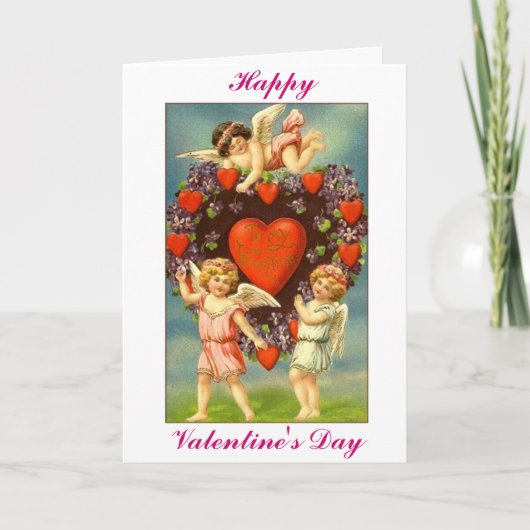 ヴィンテージのバレンタイン3のキューピッドおよび赤いハート シーズンカード (正面)
