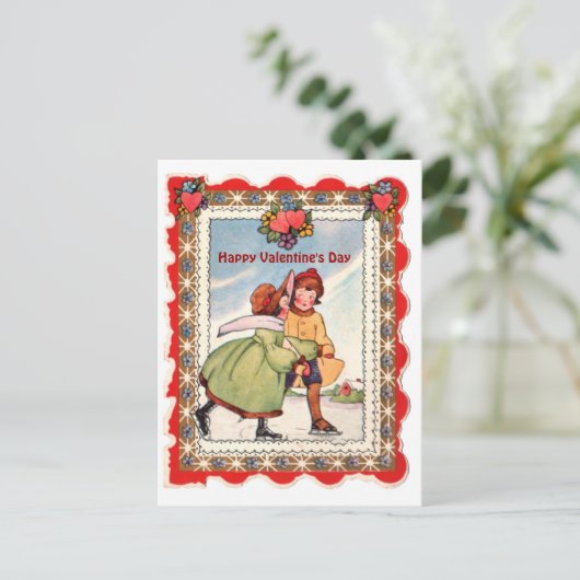 ヴィンテージのバレンタイン-カップルのアイススケート及びハート シーズンポストカード (スタンド正面)