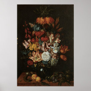 ヴィンテージのバロック、つぼの花の静物画の花 ポスター