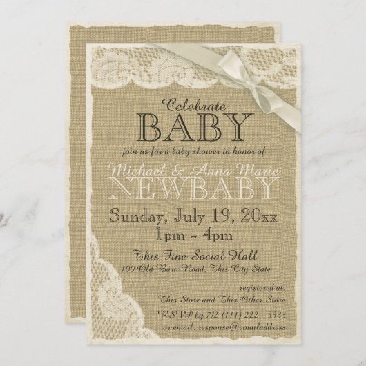 ヴィンテージのバーラップとレースと弓ベビーシャワー 招待状 (正面/裏面)