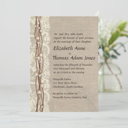 ヴィンテージのバーラップのレースは結婚式招待状を真珠で飾ります 招待状 (スタンド正面)