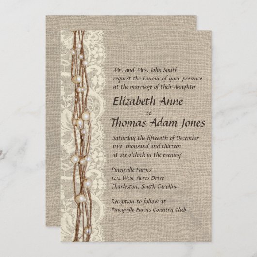 ヴィンテージのバーラップのレースは結婚式招待状を真珠で飾ります 招待状 (正面/裏面)