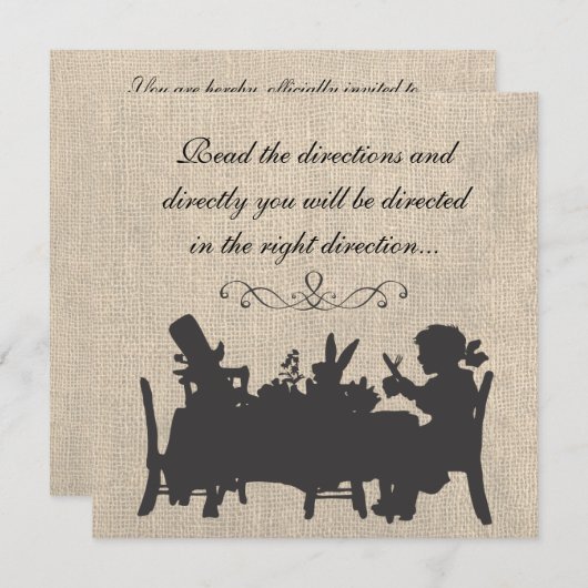 ヴィンテージのバーラップの気違いの帽子屋のお茶会の誕生日 招待状 (正面/裏面)