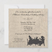 ヴィンテージのバーラップの気違いの帽子屋のお茶会の誕生日 招待状 (裏面)