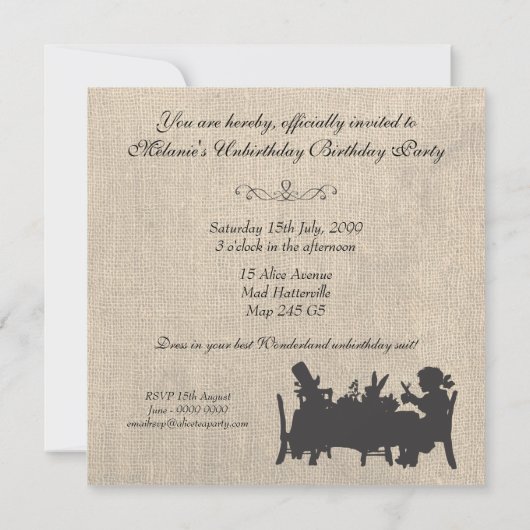 ヴィンテージのバーラップの気違いの帽子屋のお茶会の誕生日 招待状 (裏面)
