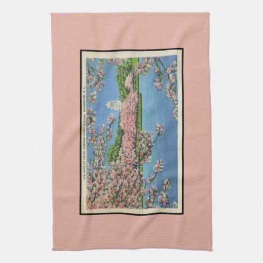 ヴィンテージのパステル調のWashington D.C.の桜 キッチンタオル (縦)