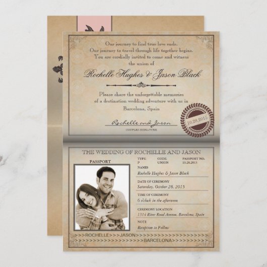 ヴィンテージのパスポートの招待状 招待状 (正面/裏面)