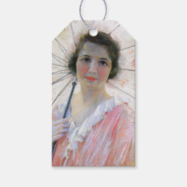 ヴィンテージのパラソルを着たピンクのドレスを着た女性 ギフトタグ