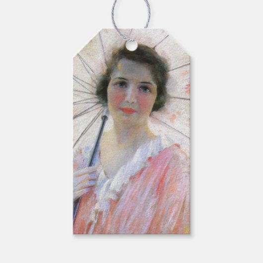 ヴィンテージのパラソルを着たピンクのドレスを着た女性 ギフトタグ (正面)