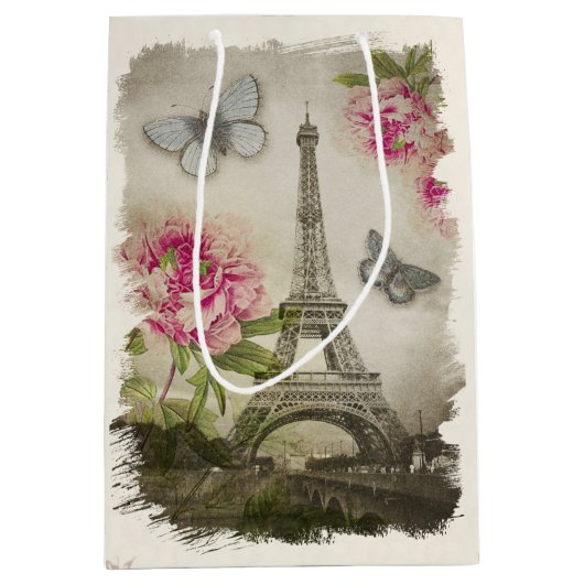 ヴィンテージのパリのシャクヤクのフランスのなコラージュのギフトバッグ ミディアムペーパーバッグ (正面)