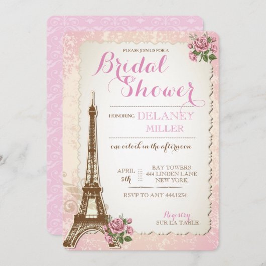 ヴィンテージのパリのブライダルシャワー招待状 招待状 (正面/裏面)