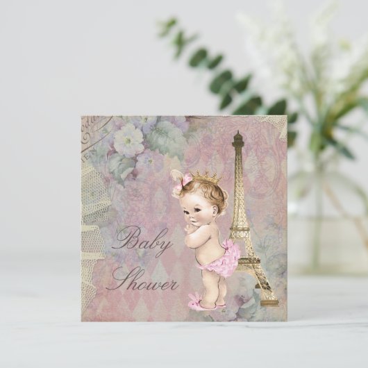 ヴィンテージのパリのプリンセスの花のベビーシャワー 招待状 (スタンド正面)