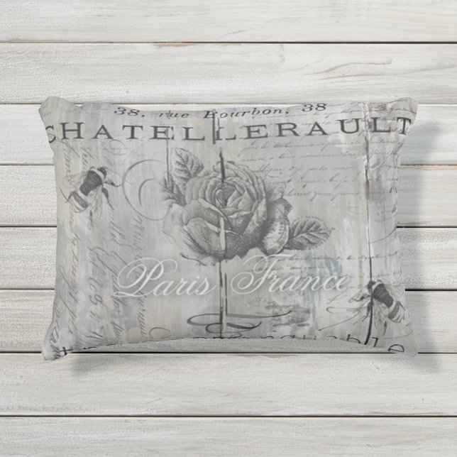 ヴィンテージのパリの刺激を受けたな蜂およびバラのプリント アウトドアクッション (正面)