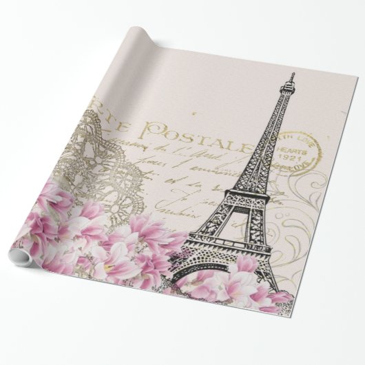 ヴィンテージのパリエッフェル塔の花の芸術のイラストレーション ラッピングペーパー (アンロールド)