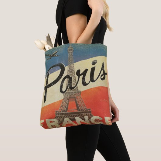 ヴィンテージのパリフランスのトートの飛行機のエッフェル塔 トートバッグ (クローズアップ)