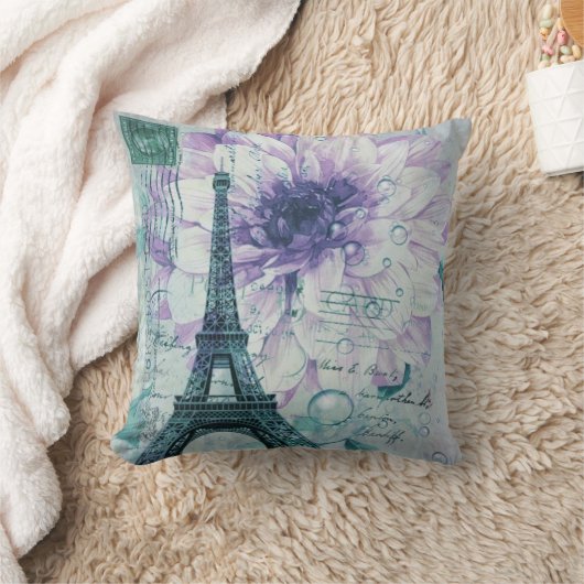 ヴィンテージのパリ紫色の花のエッフェル塔 クッション (ブランケット)