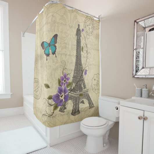 ヴィンテージのパリ花のエッフェル塔の蝶ダマスク織 シャワーカーテン (インサイチュ)
