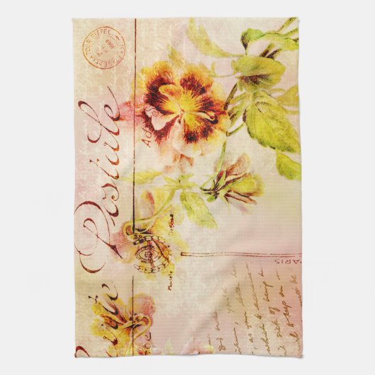 ヴィンテージのパンジーの花の郵便はがき キッチンタオル (縦)
