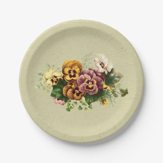ヴィンテージのパンジーの花束 ペーパープレート (正面)