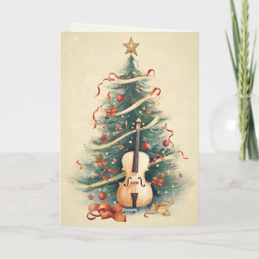 ヴィンテージのパーチメントクリスマスツリーとチェロ シーズンカード (裏面)