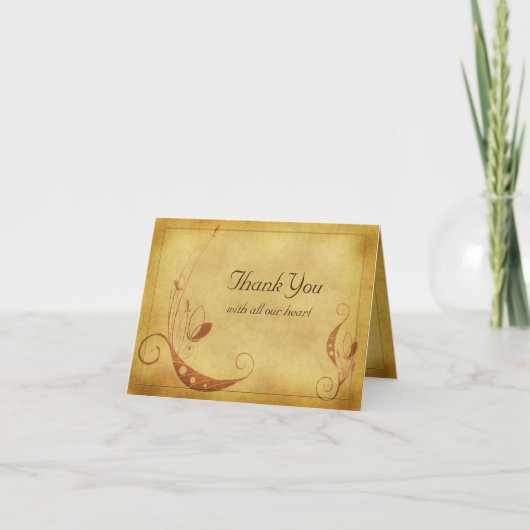 ヴィンテージのパーチメントスタイルの花柄のウェディングサンキューレター サンキューカード (正面)
