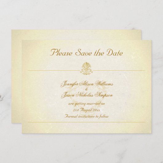 ヴィンテージのパーチメント紙風のデザインで「Save the Date」 セーブザデート (正面/裏面)