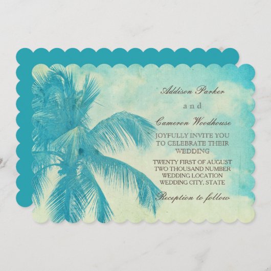 ヴィンテージのパーム | ターコイズ結婚の 招待状 (正面/裏面)