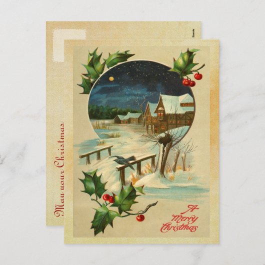 ヴィンテージのヒイラギのクリスマスの郵便はがき シーズンポストカード (正面/裏面)