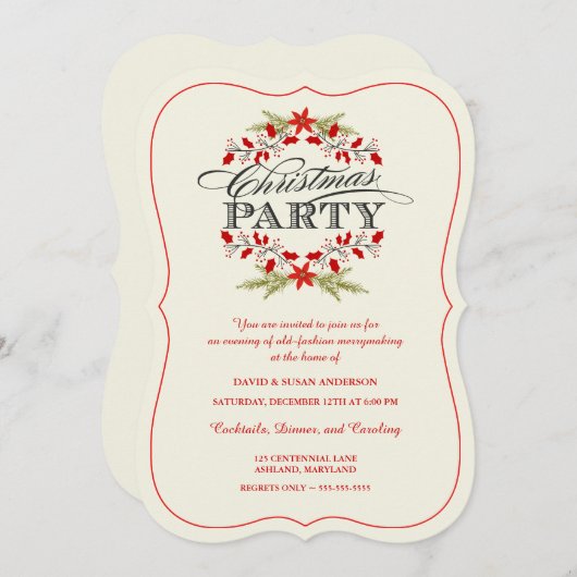 ヴィンテージのヒイラギのリースのクリスマスのパーティの招待状 招待状 (正面/裏面)