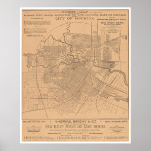 ヴィンテージのヒューストンテキサス州鉄道地図(1890年) ポスター
