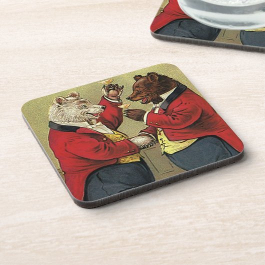 ヴィンテージのビクトリアンで幸せで、陽気な、踊るくま コースター (左側)