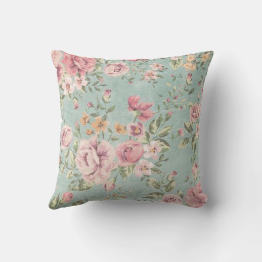 ヴィンテージのビクトリアンなぼろぼろのシックな淡いブルーの花の赤 クッション (裏面)