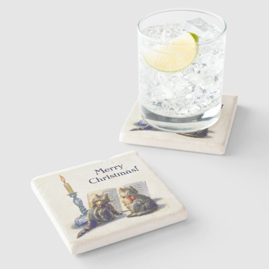 ヴィンテージのビクトリアンなクリスマス猫 ストーンコースター (横)