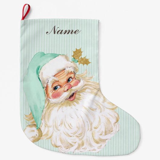 ヴィンテージのビクトリアンなサンタクロースの中立ミント及び金ゴールド ラージクリスマスストッキング (正面)
