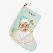 ヴィンテージのビクトリアンなサンタクロースの中立ミント及び金ゴールド ラージクリスマスストッキング (正面 (吊り時))