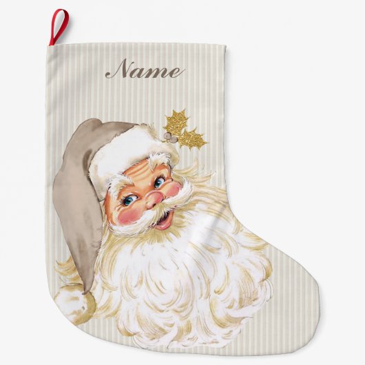 ヴィンテージのビクトリアンなサンタクロースの中立暗灰色及び金ゴールド ラージクリスマスストッキング (正面)