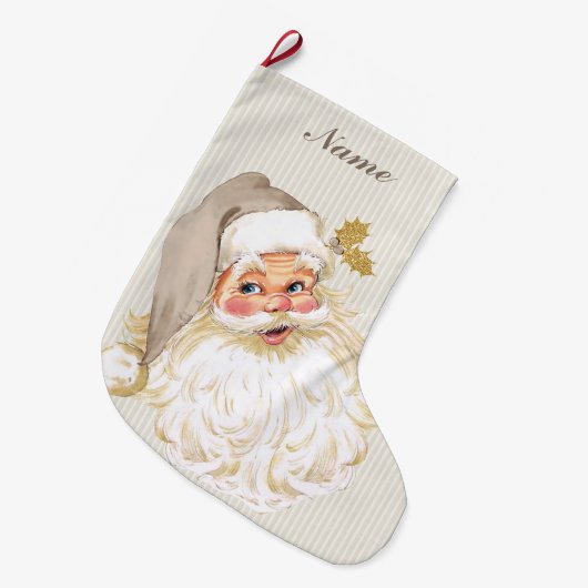 ヴィンテージのビクトリアンなサンタクロースの中立暗灰色及び金ゴールド ラージクリスマスストッキング (正面 (吊り時))