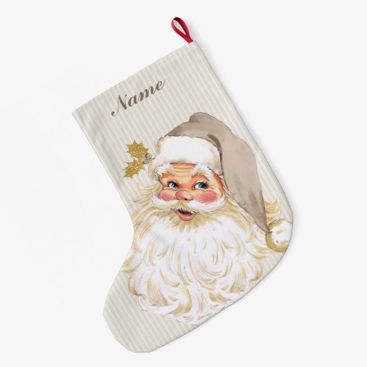 ヴィンテージのビクトリアンなサンタクロースの中立暗灰色及び金ゴールド ラージクリスマスストッキング (裏面 (吊り時))