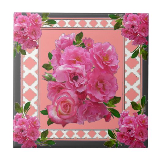 ヴィンテージのビクトリアンなピンクのバラパターン芸術 タイル (正面)