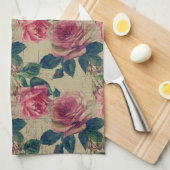 ヴィンテージのビクトリアンなピンクの花 キッチンタオル (四つ折り)