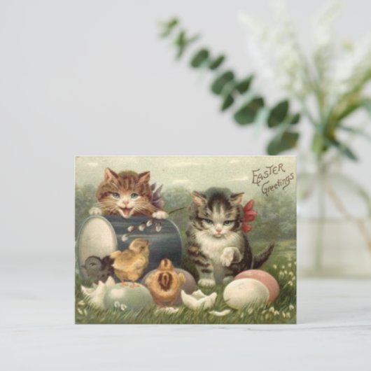 ヴィンテージのビクトリアンなレトロの芸術猫の子ネコイースター シーズンポストカード (スタンド正面)