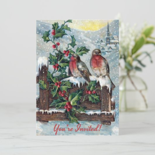 ヴィンテージのビクトリアンな休日の鳥のクリスマス・パーティ 招待状 (スタンド正面)