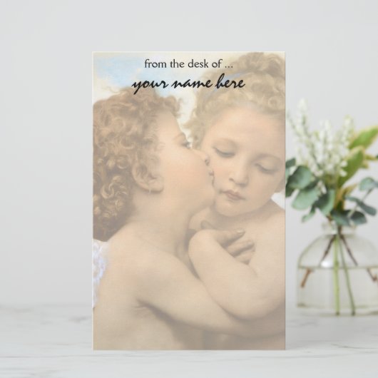 ヴィンテージのビクトリアンな天使、Bouguereau著最初キス 便箋 (スタンド正面)