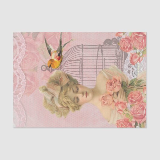 ヴィンテージのビクトリアンな女性および鳥かご 薄葉紙 (正面)